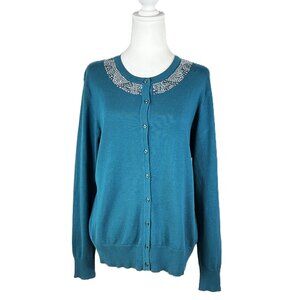 Carolyn Taylor L Embellished Teal Cardigan  Grandma Core Quiet Luxury Vintage